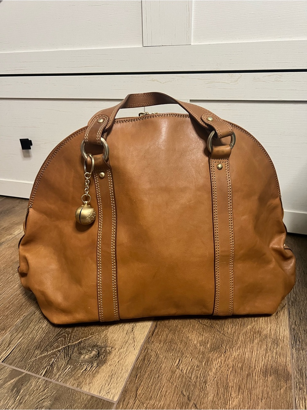 Emporio Armani Vintage Cognac Leather Handbag with Bell Charm Rare made in Italy